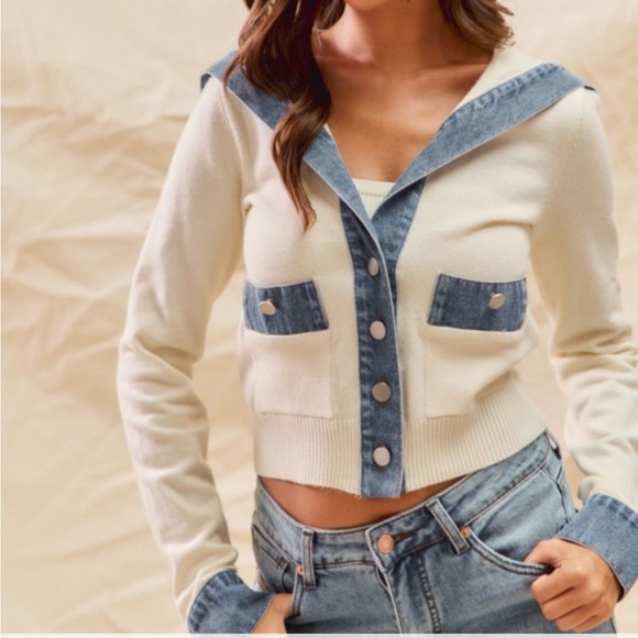 Denim Trimmed Sweater - Picture 4 of 5